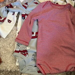 Carter’s 3 onesie set Striped and Fire Truck Print Kids 12 months new with tags